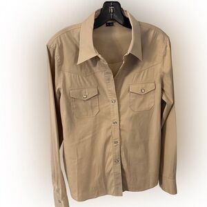 Theory Women’s Snap Down Shirt Pockets Western Khaki Stretch Sz XL